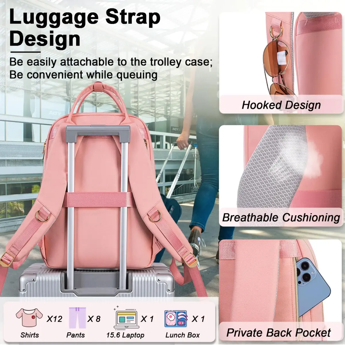 Weitars Insulated Lunch Backpack for Women with 15.6 Inch Laptop Compartment | Pink Carry-On Travel Bag - view 8