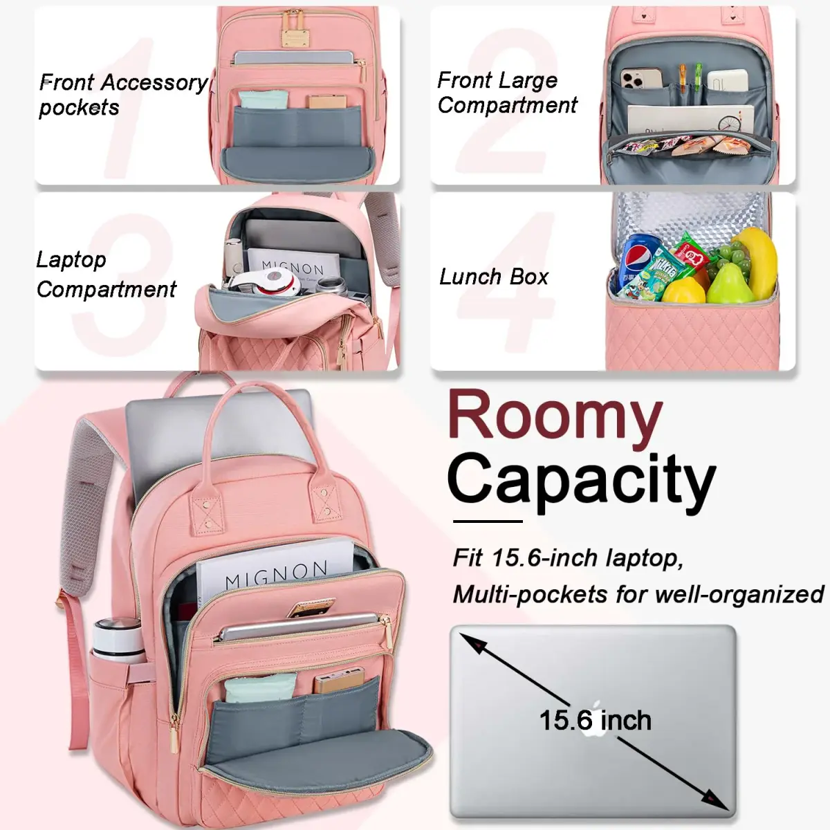 Weitars Insulated Lunch Backpack for Women with 15.6 Inch Laptop Compartment | Pink Carry-On Travel Bag - view 2