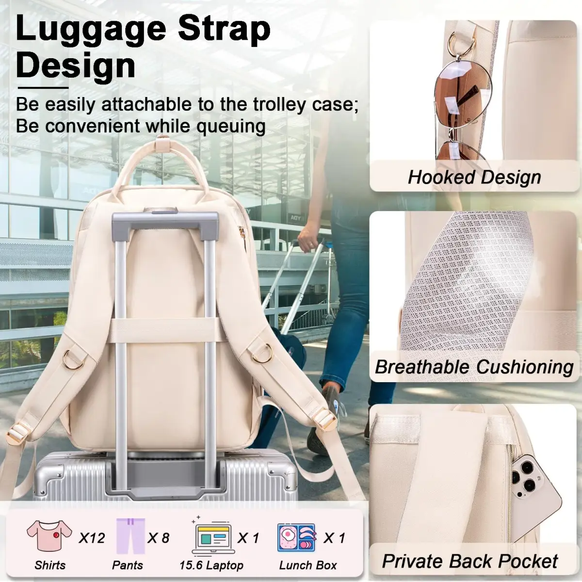Weitars Insulated Lunch Backpack for Women with 15.6 Inch Laptop Compartment & Trolley Sleeve | Beige, 20L (12"W x 9"D x 17"H) - view 8