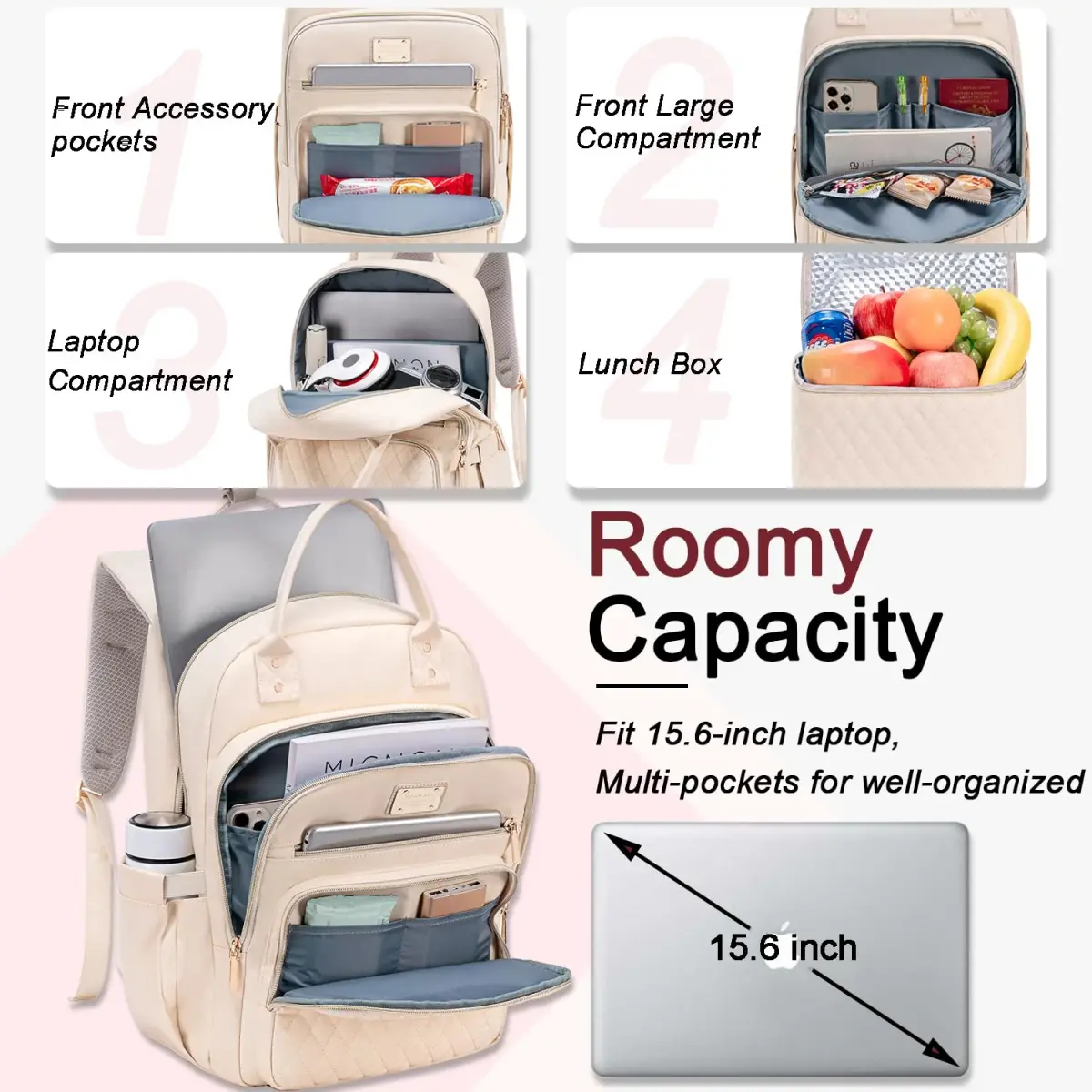 Weitars Insulated Lunch Backpack for Women with 15.6 Inch Laptop Compartment & Trolley Sleeve | Beige, 20L (12"W x 9"D x 17"H) - view 2