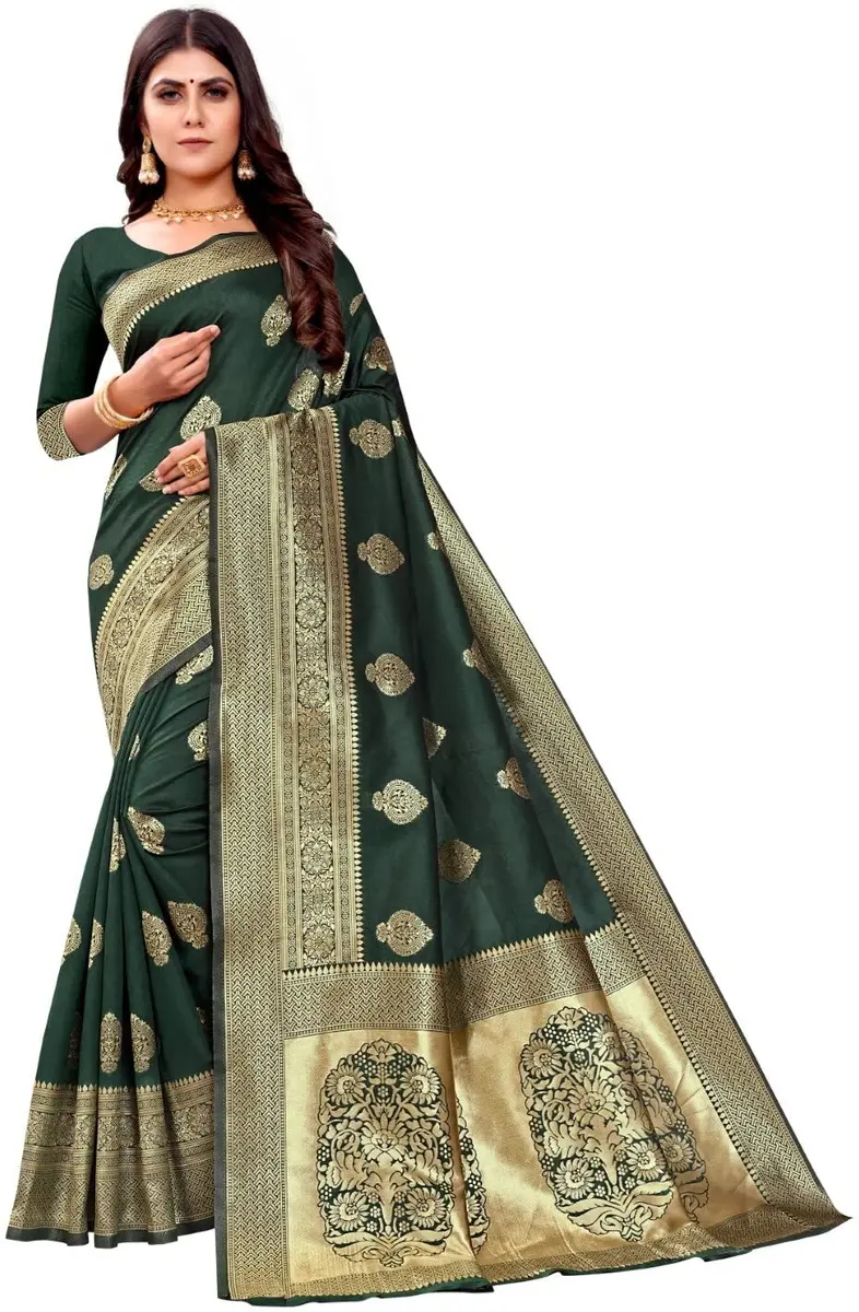 Avantika Fashion Kanjivaram Soft Pure Silk Banarasi Saree With Blouse Piece, Moti Green | Jacquard Woven Zari Work - main product image