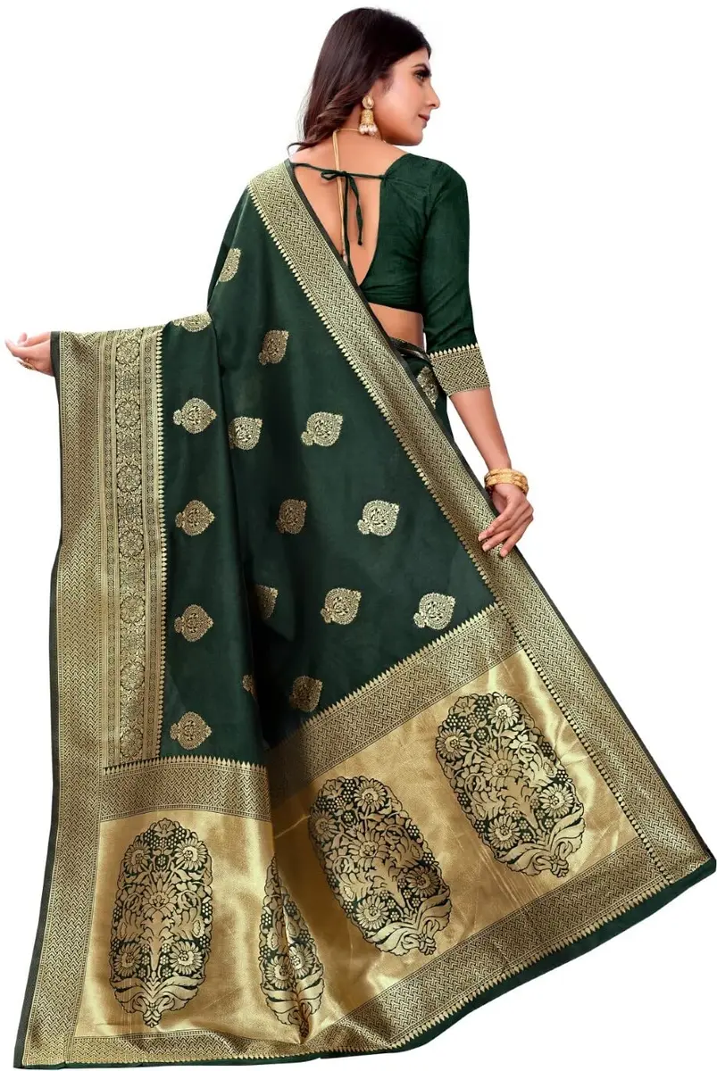 Avantika Fashion Kanjivaram Soft Pure Silk Banarasi Saree With Blouse Piece, Moti Green | Jacquard Woven Zari Work - view 2