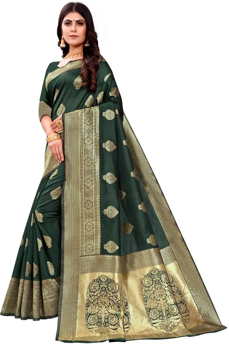 Avantika Fashion Kanjivaram Soft Pure Silk Banarasi Saree With Blouse Piece, Moti Green | Jacquard Woven Zari Work - view 3