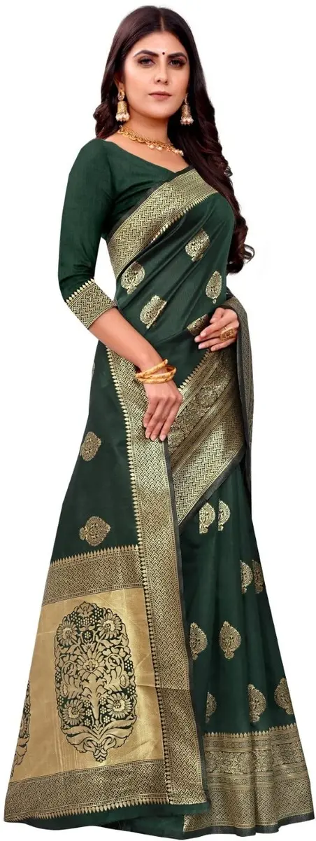Avantika Fashion Kanjivaram Soft Pure Silk Banarasi Saree With Blouse Piece, Moti Green | Jacquard Woven Zari Work - view 4