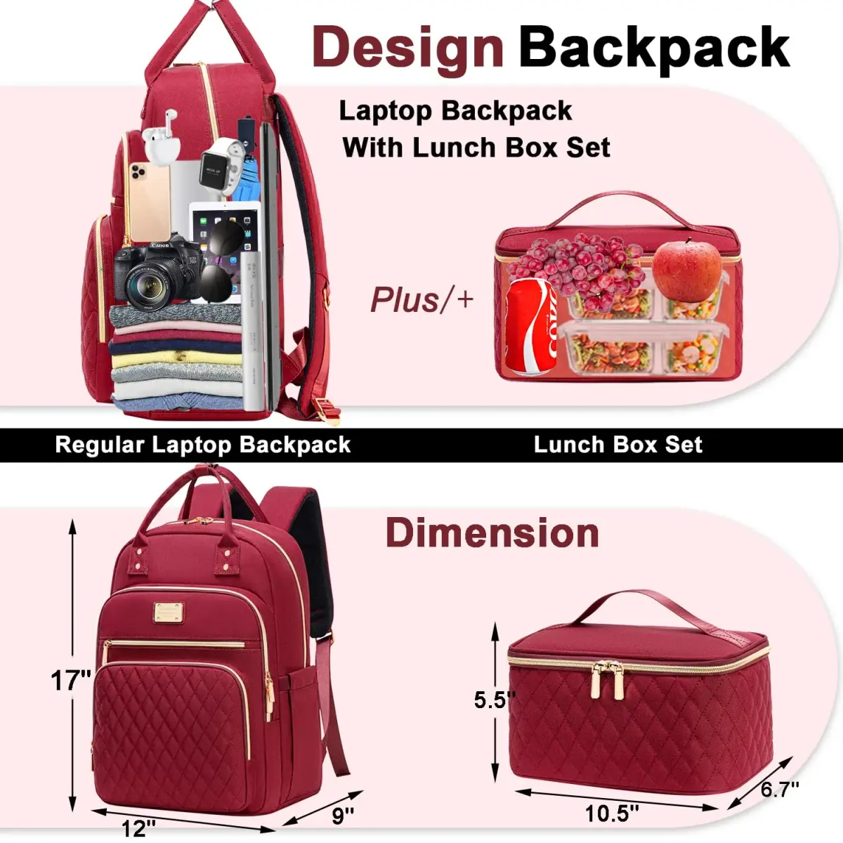 Weitars Laptop Backpack Cooler with Insulated Lunch Bag, 15.6 Inch Laptop Compartment, Wine Red | Water-Resistant Polyester Travel Backpack - view 4