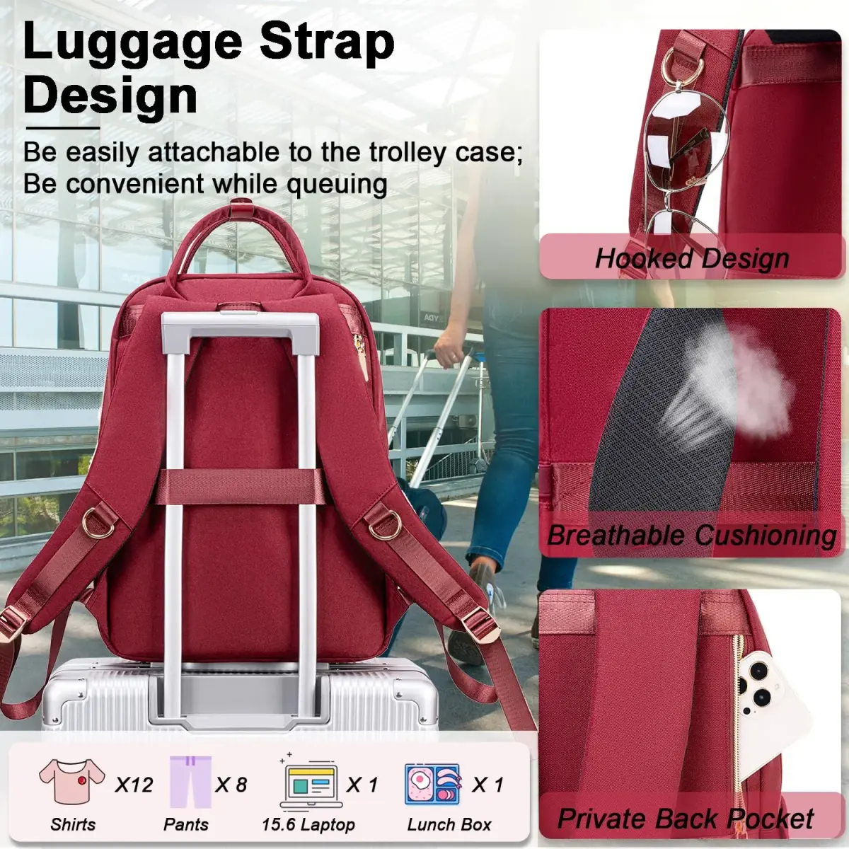 Weitars Laptop Backpack Cooler with Insulated Lunch Bag, 15.6 Inch Laptop Compartment, Wine Red | Water-Resistant Polyester Travel Backpack - view 8