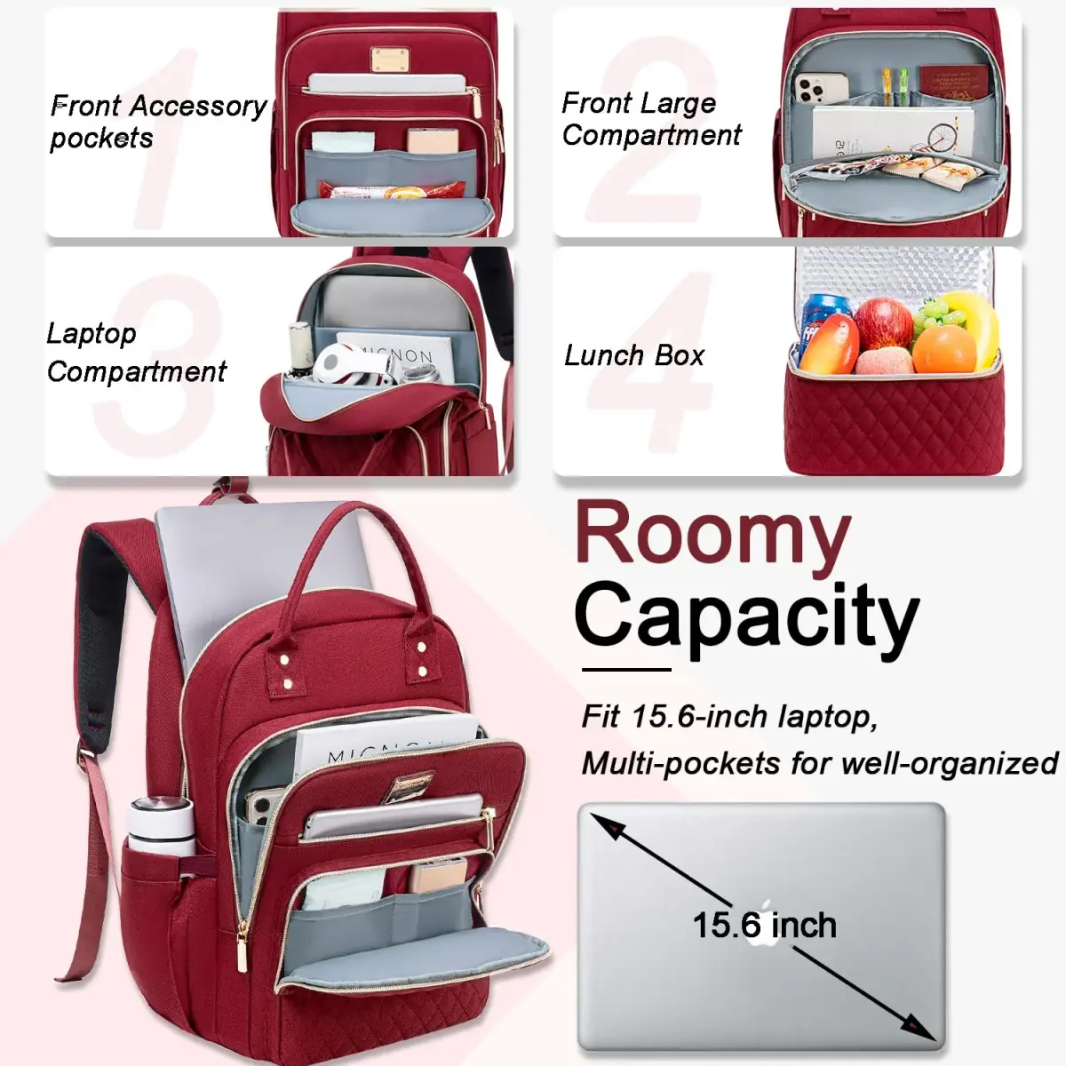 Weitars Laptop Backpack Cooler with Insulated Lunch Bag, 15.6 Inch Laptop Compartment, Wine Red | Water-Resistant Polyester Travel Backpack - view 2