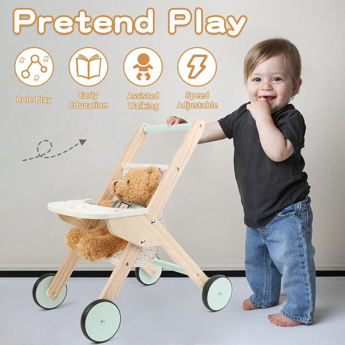 Canuan Wooden Baby Walker Doll Stroller with Butterfly Theme | 12-36 Months - view 7