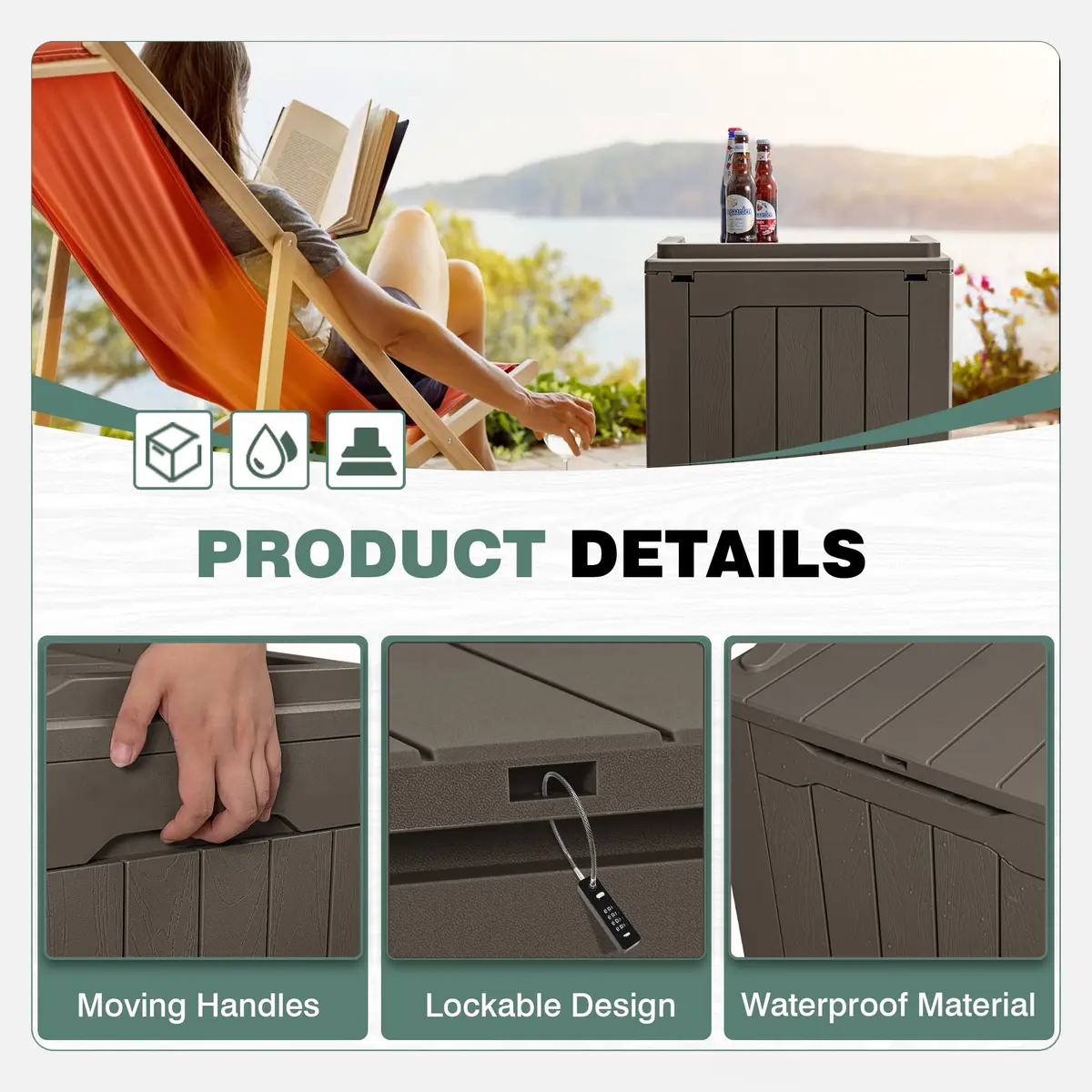 GUNJI 30 Gallon Small Deck Box Waterproof Resin Storage Box Lockable Brown | Outdoor Patio Furniture - view 6