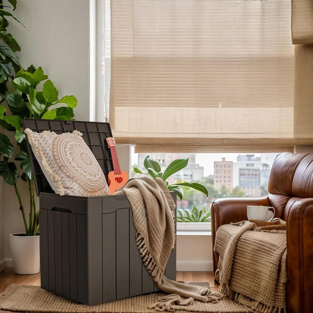 GUNJI 30 Gallon Small Deck Box Waterproof Resin Storage Box Lockable Brown | Outdoor Patio Furniture - view 3