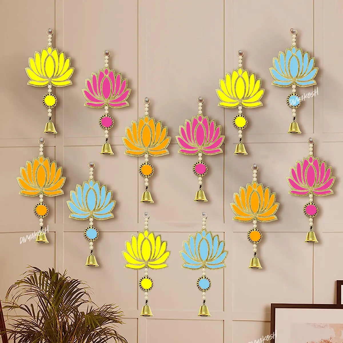 Divyakosh Wood Lotus Wall Hangings 12 Pcs | Religious Temple & Festive Decor, Multicolor, 8.5 Inch - view 2