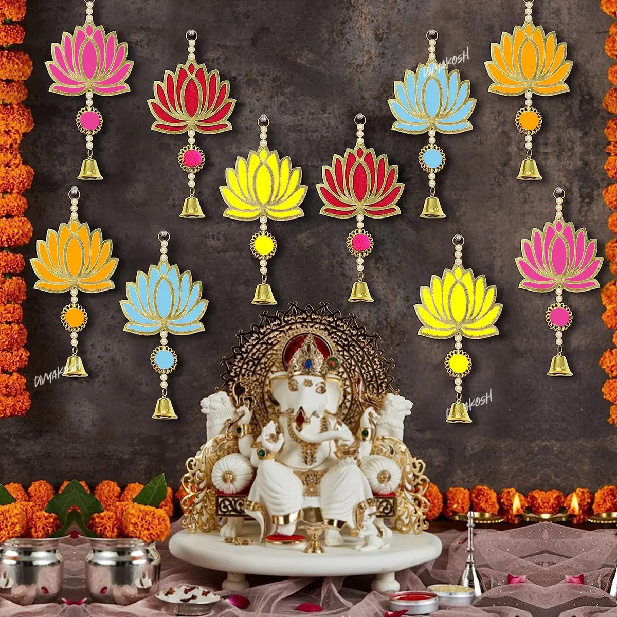 Divyakosh Wood Lotus Wall Hangings 12 Pcs | Religious Temple & Festive Decor, Multicolor, 8.5 Inch - view 3