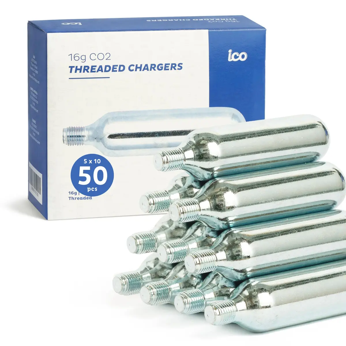 ICO Threaded CO2 Cartridges 16g | High-Pressure, Food Grade, 50 Pack for Cyclists & Brewers - main product image