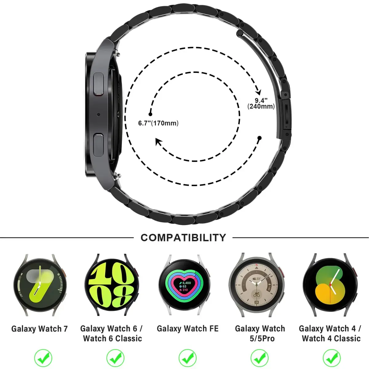 Anlinser No Gap Metal Watch Band for Samsung Galaxy Watch 7/6/5/4/FE 20mm Black | Adjustable Stainless Steel Strap - view 5