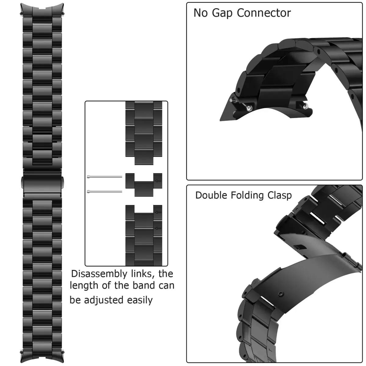 Anlinser No Gap Metal Watch Band for Samsung Galaxy Watch 7/6/5/4/FE 20mm Black | Adjustable Stainless Steel Strap - view 3