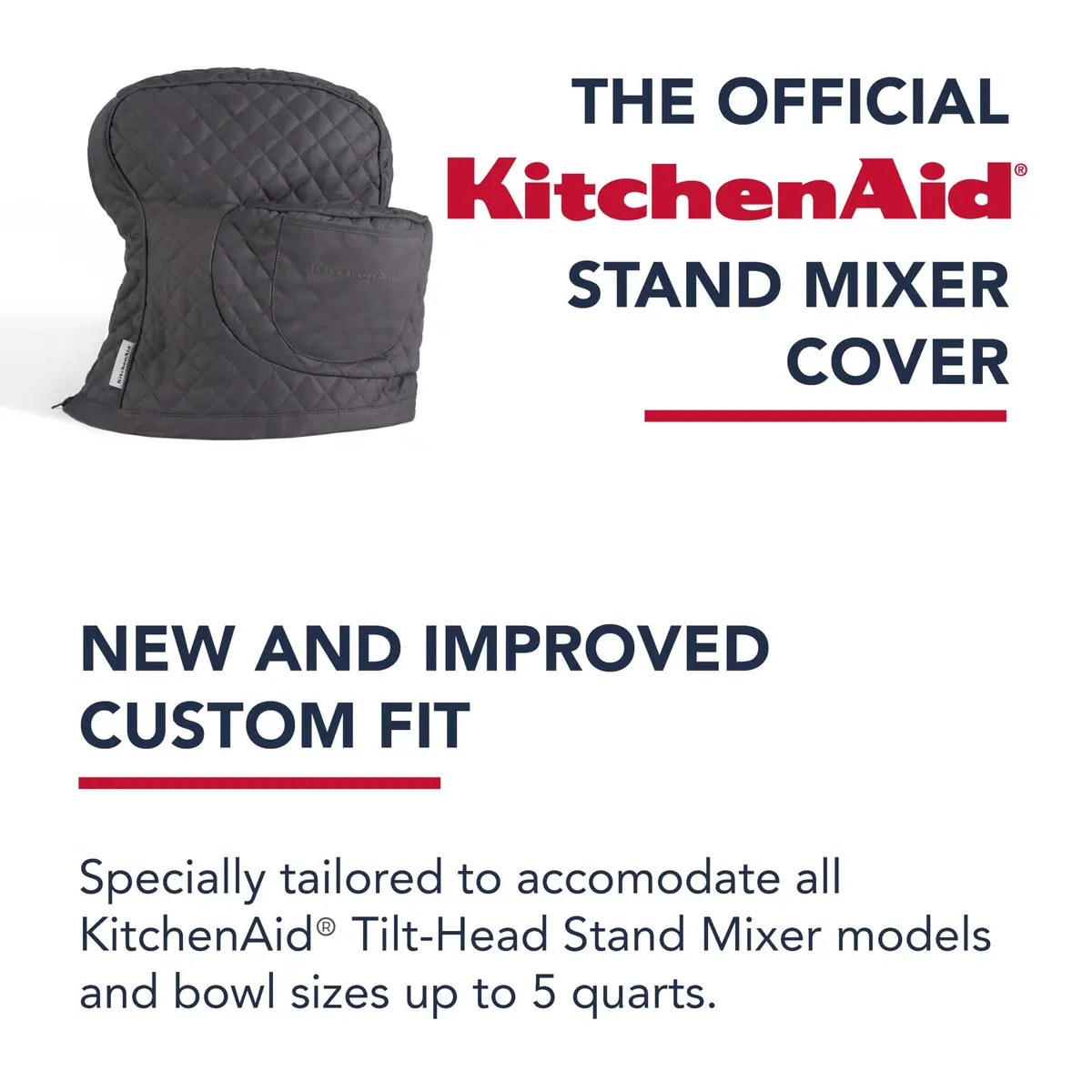 KitchenAid Fitted Tilt-Head Stand Mixer Cover with Storage Pocket, Quilted 100% Cotton, 36.6cm x 45.7cm x 25.4cm (14.4"x18"x10"), Charcoal Grey - view 7