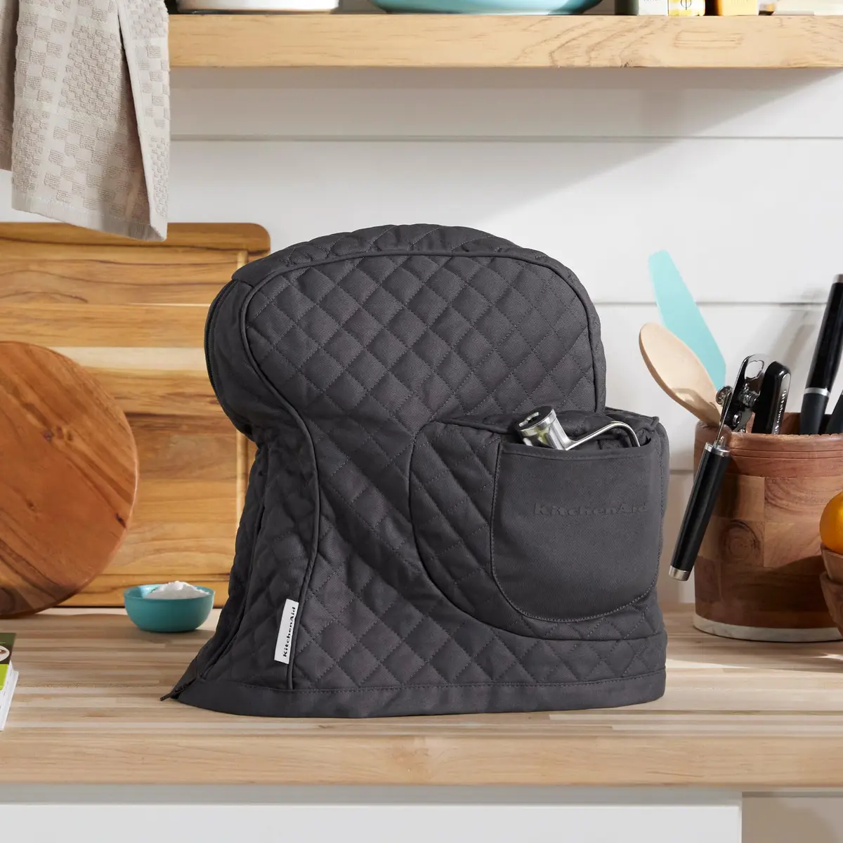 KitchenAid Fitted Tilt-Head Stand Mixer Cover with Storage Pocket, Quilted 100% Cotton, 36.6cm x 45.7cm x 25.4cm (14.4"x18"x10"), Charcoal Grey - view 2