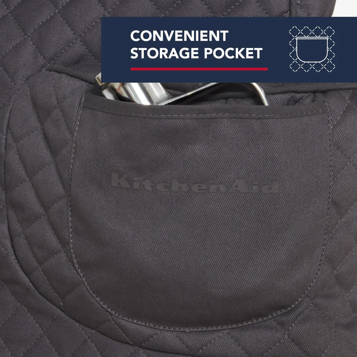 KitchenAid Fitted Tilt-Head Stand Mixer Cover with Storage Pocket, Quilted 100% Cotton, 36.6cm x 45.7cm x 25.4cm (14.4"x18"x10"), Charcoal Grey - view 4