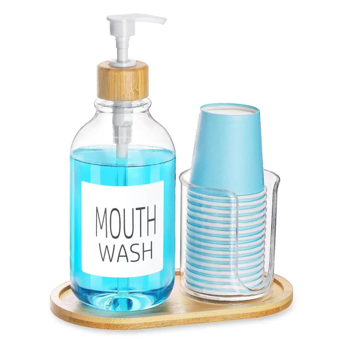 Tbestmax Clear 17oz Refillable Mouthwash Dispenser with Cup Holder & Tray | Bathroom Organizer - main product image