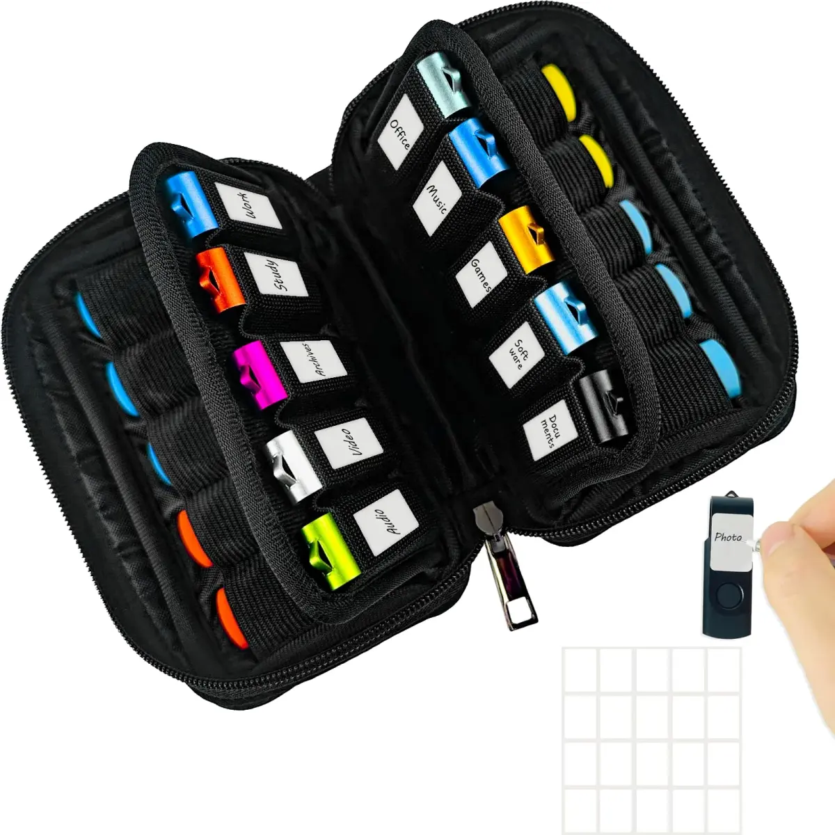 JBOS Flash Drive Case 20 Slots | Black Neoprene Organizer Bag for Memory Sticks, Jump Drives, Thumb Drives, USB Cases - main product image