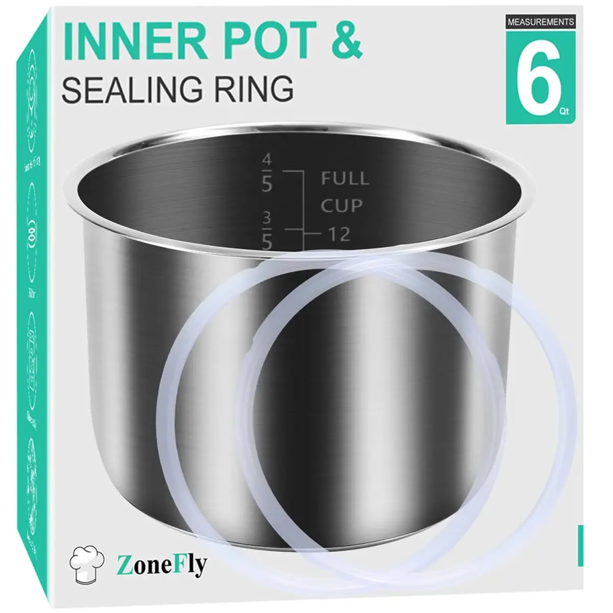 ZoneFly Stainless Steel Inner Pot & Silicone Sealing Rings for Instant Pot 6 Qt | 2.7 L (6 Qt) Polished Non-Stick Replacement Bowl with 2 Free Seals - main product image