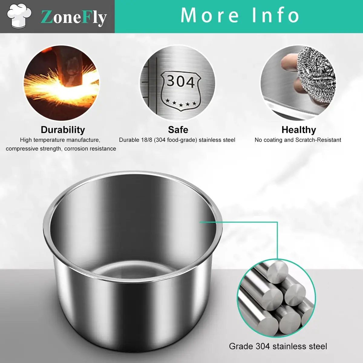 ZoneFly Stainless Steel Inner Pot & Silicone Sealing Rings for Instant Pot 6 Qt | 2.7 L (6 Qt) Polished Non-Stick Replacement Bowl with 2 Free Seals - view 6