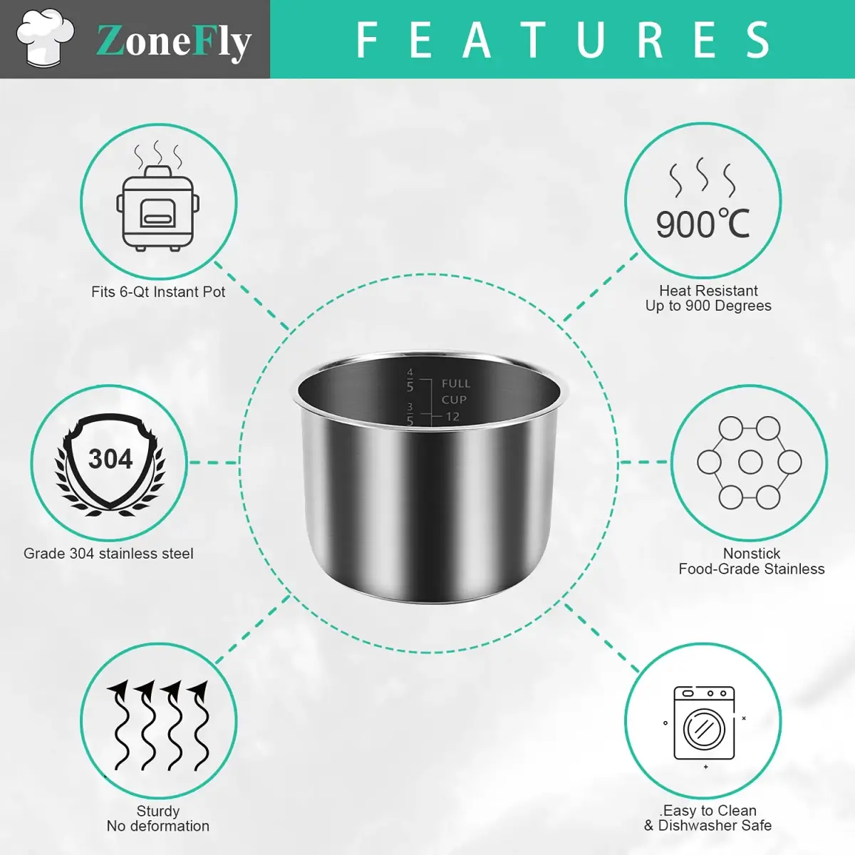 ZoneFly Stainless Steel Inner Pot & Silicone Sealing Rings for Instant Pot 6 Qt | 2.7 L (6 Qt) Polished Non-Stick Replacement Bowl with 2 Free Seals - view 2