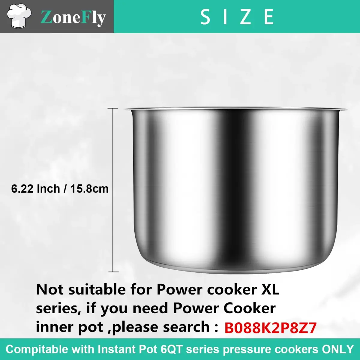 ZoneFly Stainless Steel Inner Pot & Silicone Sealing Rings for Instant Pot 6 Qt | 2.7 L (6 Qt) Polished Non-Stick Replacement Bowl with 2 Free Seals - view 4
