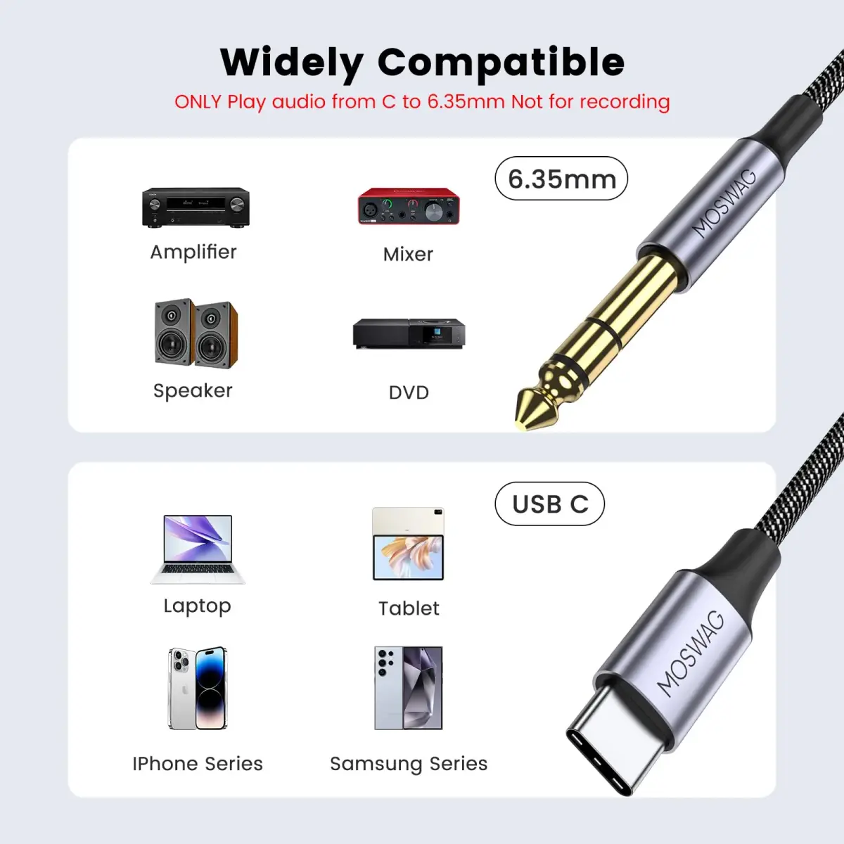 MOSWAG USB C to 6.35mm 1/4 Inch Audio Stereo Cable 5M (16.4ft) | Hi-Fi Sound Quality with Gold-Plated Connectors - view 2