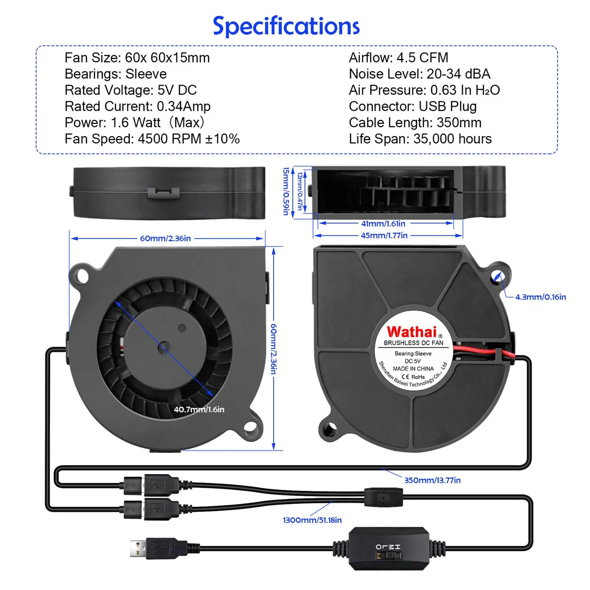 Wathai 60mm USB Blower Fan 2-Pack | 5V Variable Speed Controller for Electronics Cooling - view 2