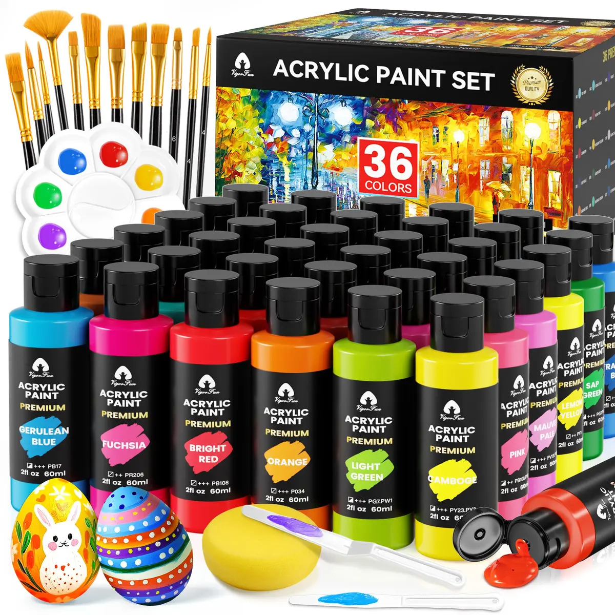 VigorFun 52 Pcs Acrylic Paint Set 36 Colors 2oz/60ml with Brushes & Palette | Versatile, Non-Toxic, for Artists & DIY Enthusiasts - main product image