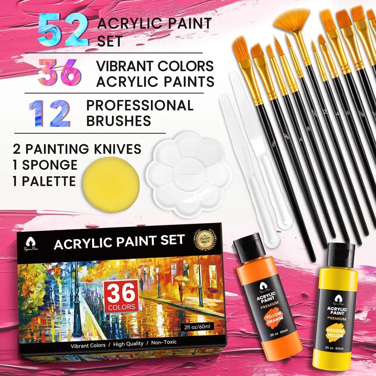 VigorFun 52 Pcs Acrylic Paint Set 36 Colors 2oz/60ml with Brushes & Palette | Versatile, Non-Toxic, for Artists & DIY Enthusiasts - view 2