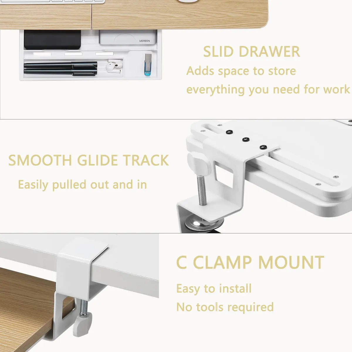ETHU Under Desk Keyboard Tray with C-Clamp 26.77x11.81 Oak | Large, Ergonomic, Easy Install - view 4