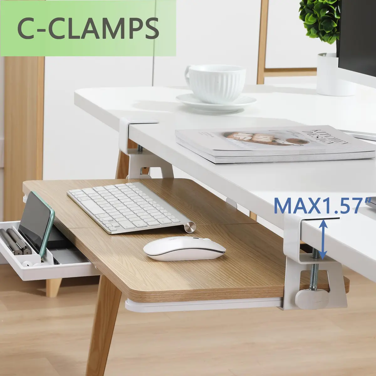 ETHU Under Desk Keyboard Tray with C-Clamp 26.77x11.81 Oak | Large, Ergonomic, Easy Install - view 6