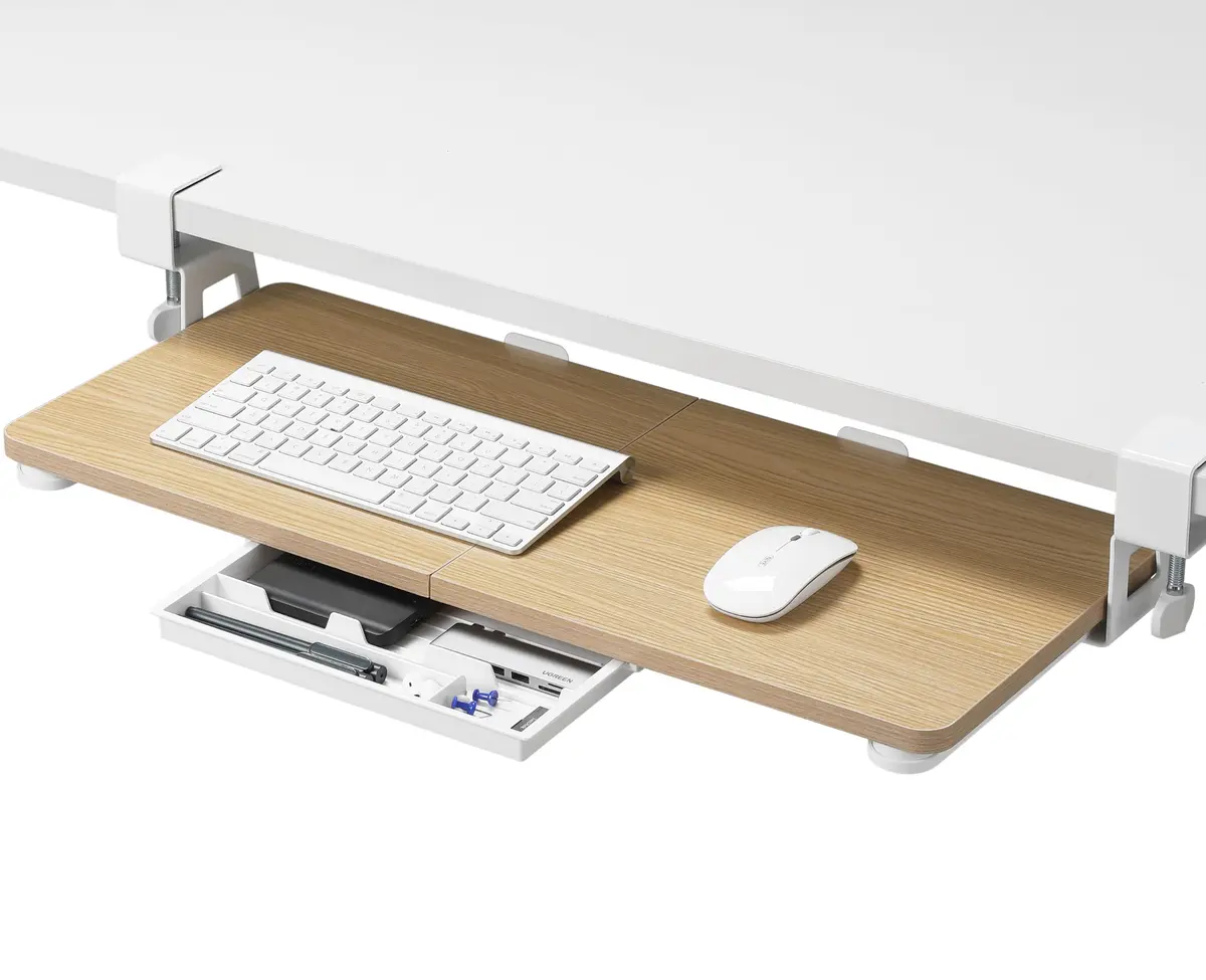 ETHU Under Desk Keyboard Tray with C-Clamp 26.77x11.81 Oak | Large, Ergonomic, Easy Install - main product image