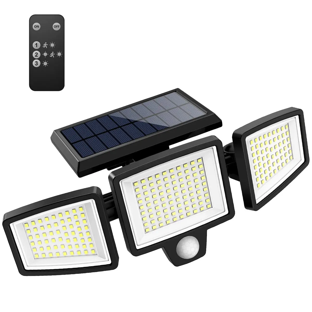 Tuffenough Solar Outdoor Lights 2500LM 210 LED Security Lights with Remote, 3 Heads, IP65 Waterproof, 270° Wide Flood Wall Light - main product image