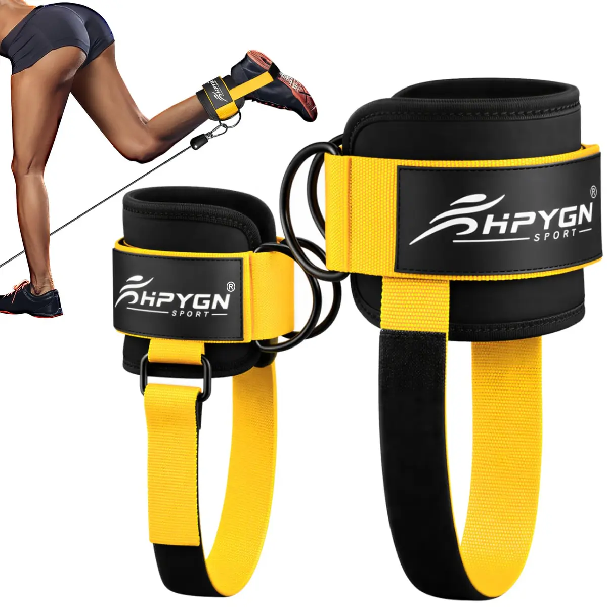 HPYGN Ankle Straps for Cable Machine, Yellow Pair | Secure Kickback & Glute Workout Attachment - main product image