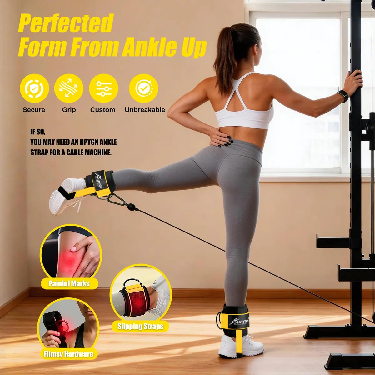 HPYGN Ankle Straps for Cable Machine, Yellow Pair | Secure Kickback & Glute Workout Attachment - view 3