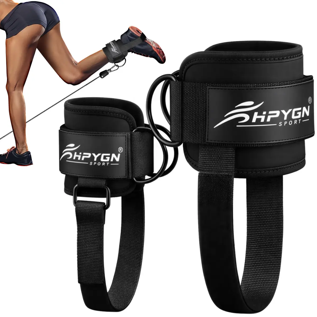 HPYGN Adjustable Ankle Straps for Cable Machine, Glute Kickback Strap for Leg Workouts, 8mm Padded Neoprene Cuffs (Pair, Black) | Secure Fit for All Ankles - main product image