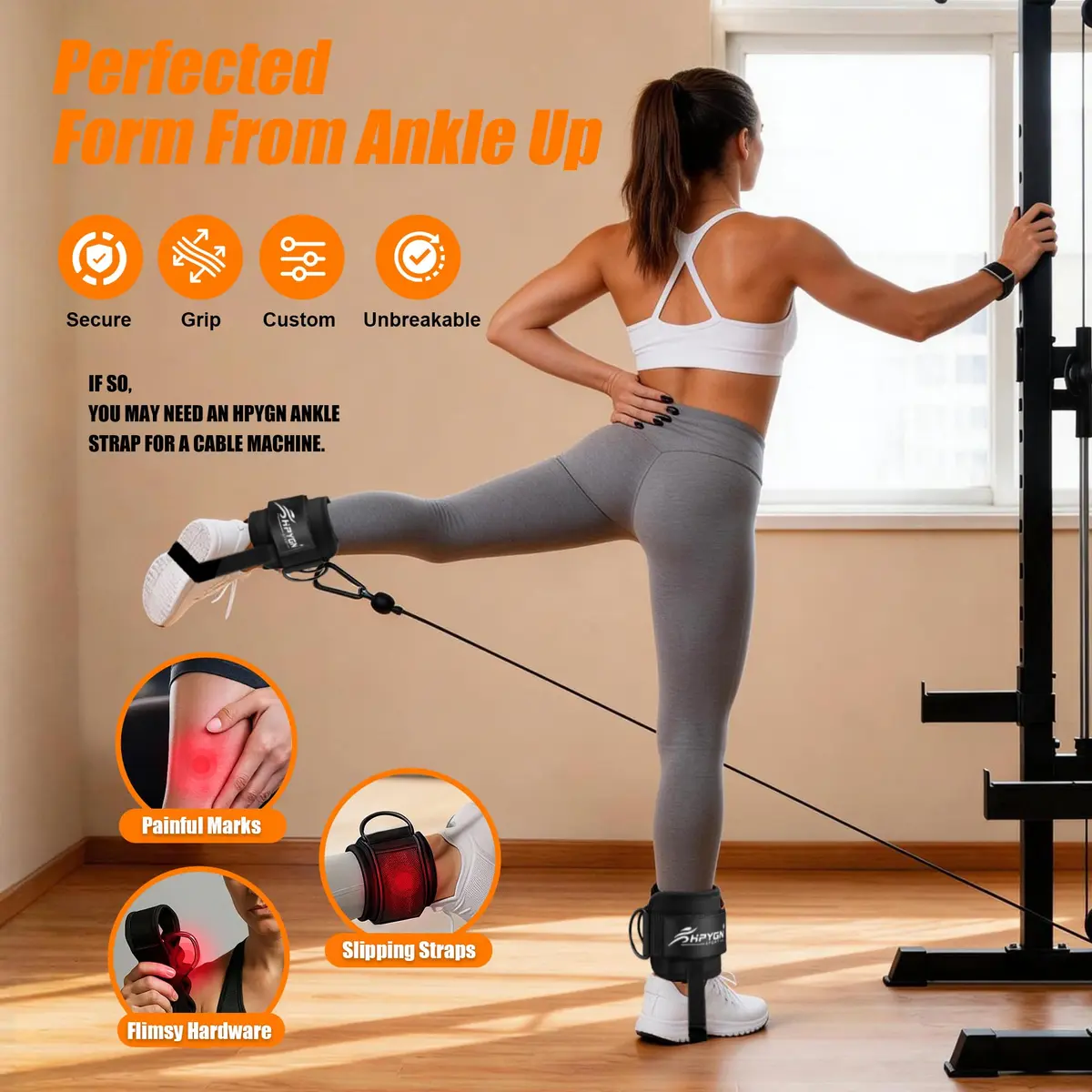 HPYGN Adjustable Ankle Straps for Cable Machine, Glute Kickback Strap for Leg Workouts, 8mm Padded Neoprene Cuffs (Pair, Black) | Secure Fit for All Ankles - view 3