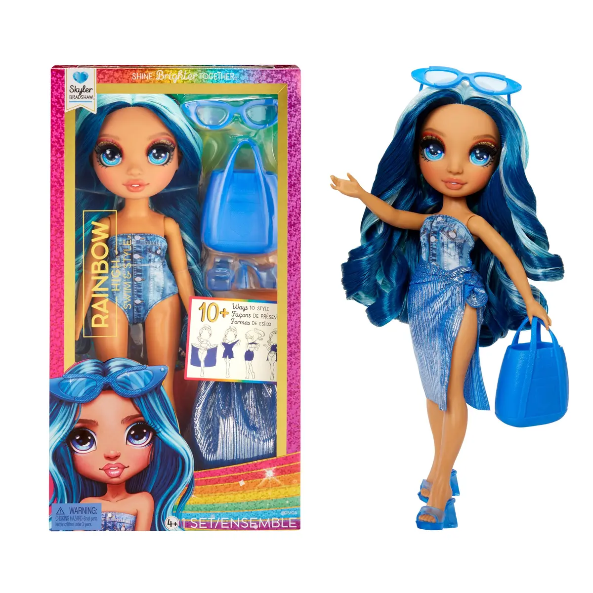 Rainbow High Swim & Style Skyler, Blue 11" Fashion Doll with Shimmery Wrap to Style 10+ Ways, Removable Swimsuit, Sandals, Accessories, Gift for Kids 4-12 - main product image