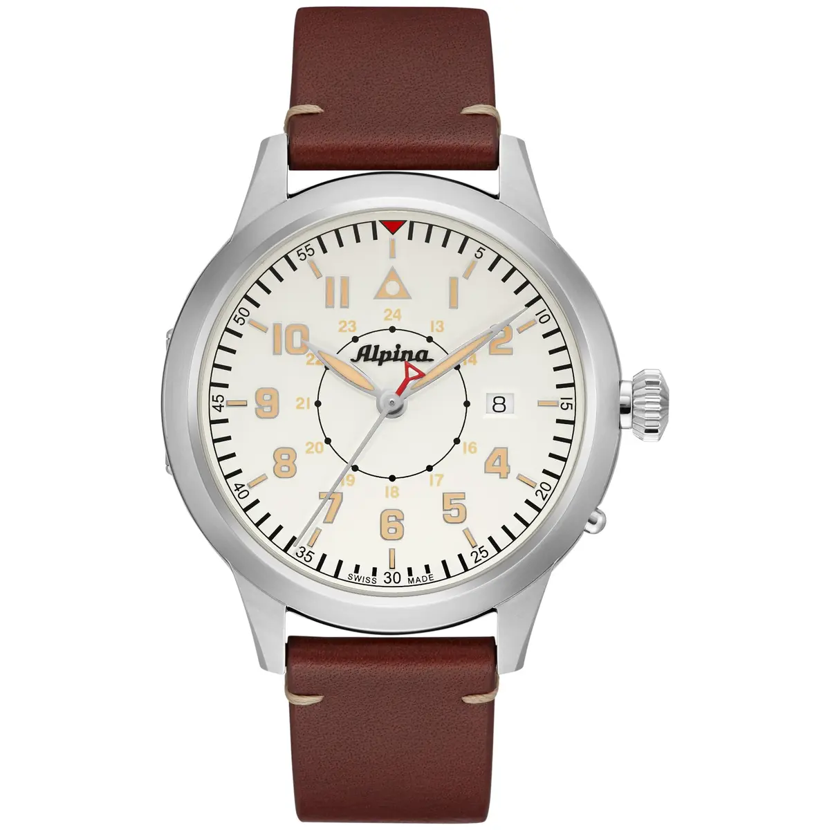 Alpina Startimer Swiss Automatic 44mm Stainless Steel Watch with Brown Leather Strap | Heritage Aviation Style - main product image