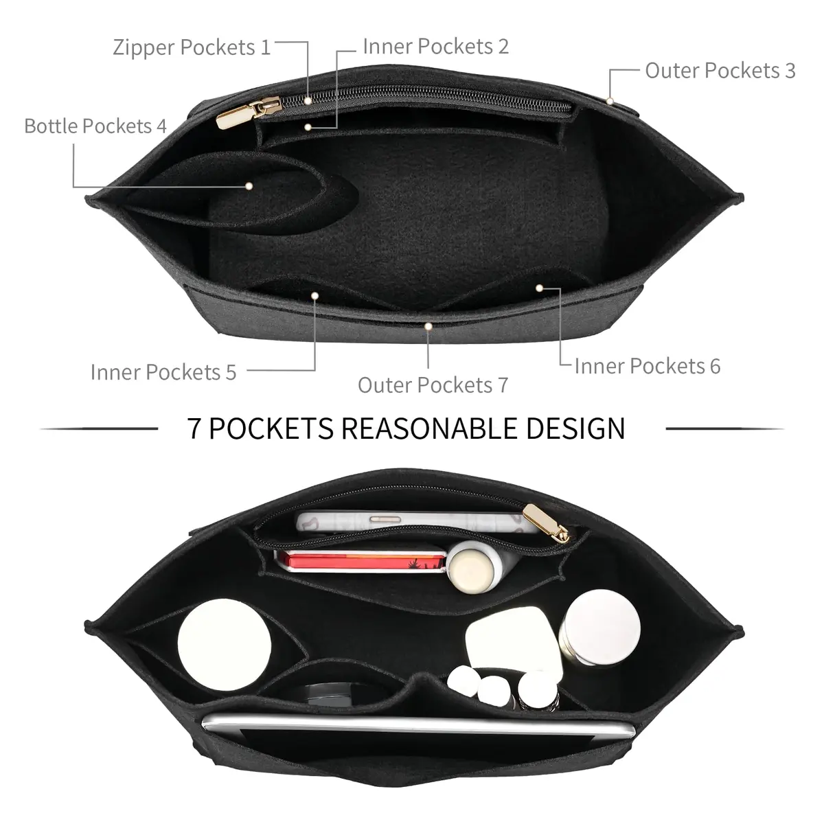 LOUKAYCCI Felt Purse Organizer Insert for Longchamp Le Pliage M Handbag, Medium Black | Keeps Bags Tidy & Protected - view 6