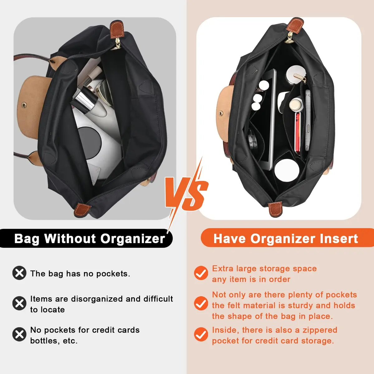 LOUKAYCCI Felt Purse Organizer Insert for Longchamp Le Pliage M Handbag, Medium Black | Keeps Bags Tidy & Protected - view 3
