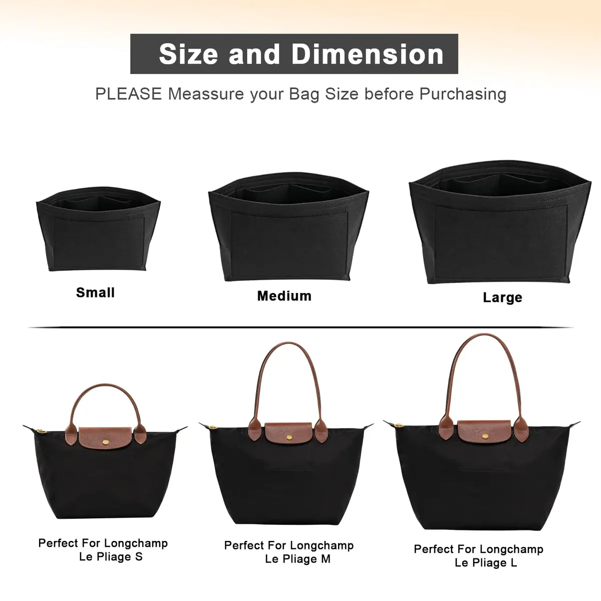 LOUKAYCCI Felt Purse Organizer Insert for Longchamp Le Pliage M Handbag, Medium Black | Keeps Bags Tidy & Protected - view 4