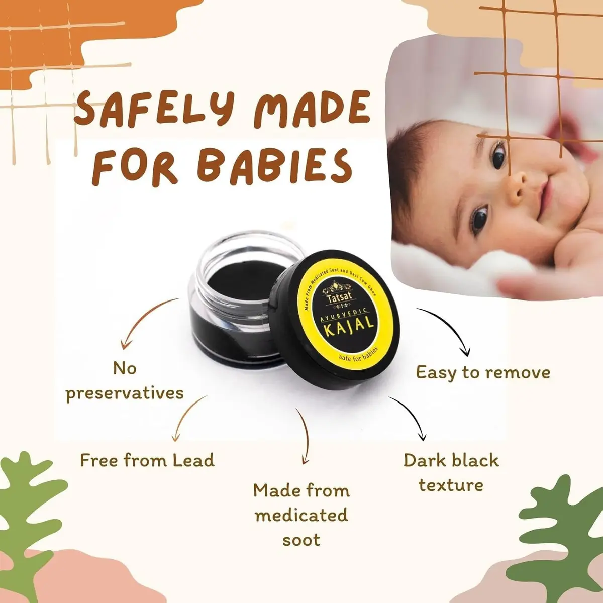 TATSAT Ayurvedic Baby Kajal - Natural Herbal Formula 2.5ml (0.088 Fl Oz) | Medicated Soot & Desi Cow Ghee - view 3