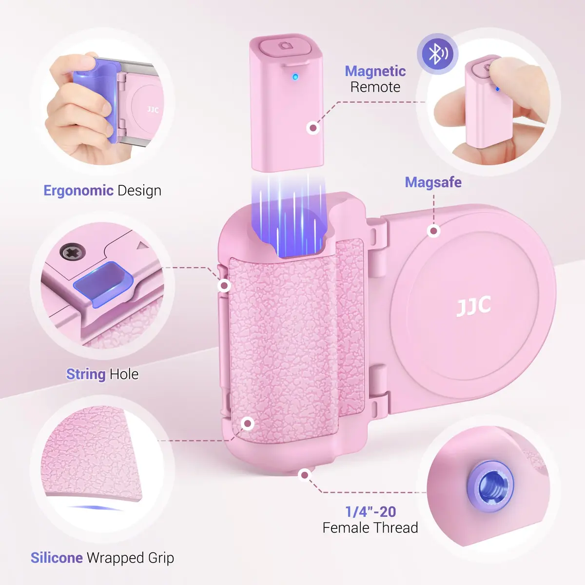 JJC Magnetic Phone Camera Grip Handle with Remote for MagSafe iPhone, Pink | Vlog & Live Streaming Support - view 4