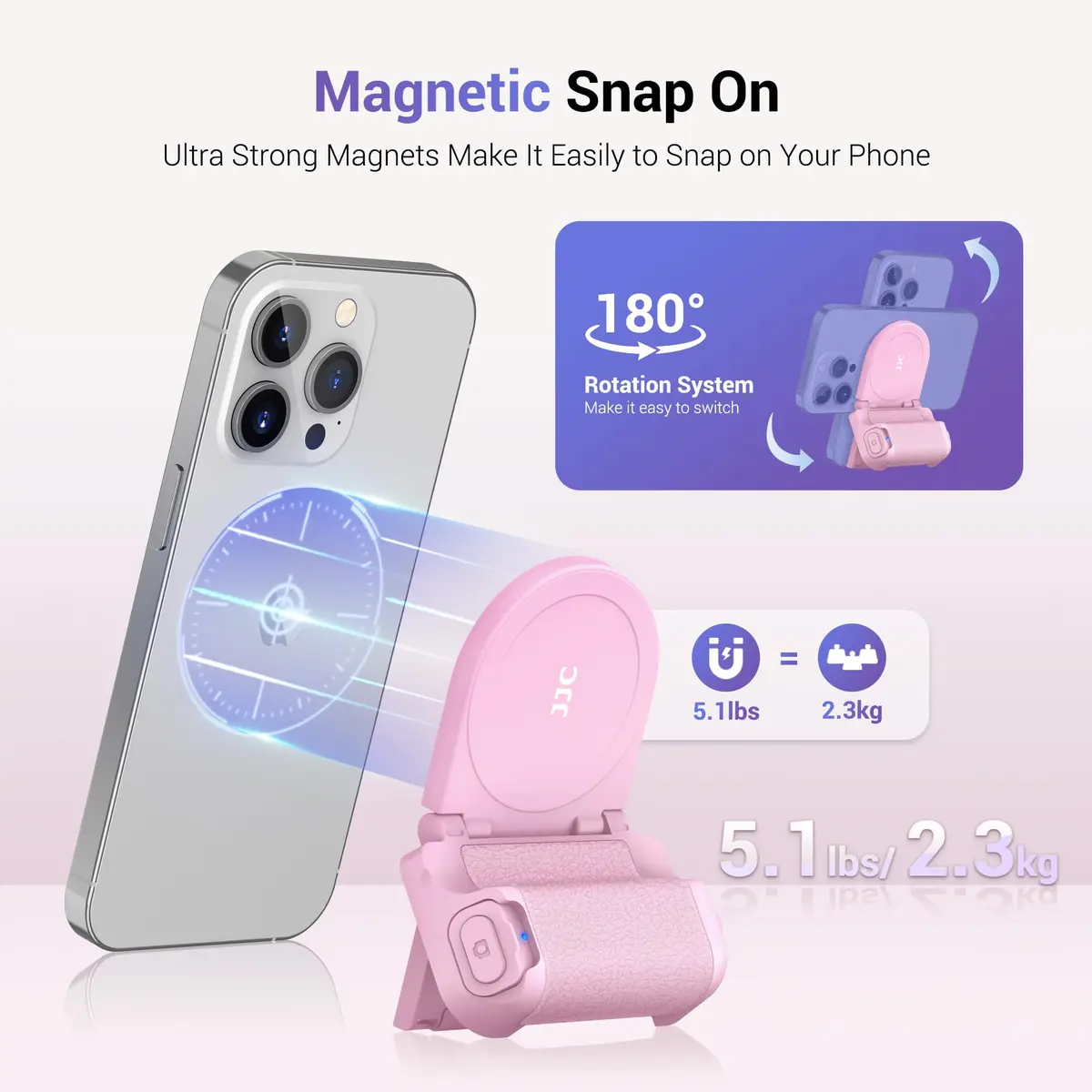JJC Magnetic Phone Camera Grip Handle with Remote for MagSafe iPhone, Pink | Vlog & Live Streaming Support - view 3
