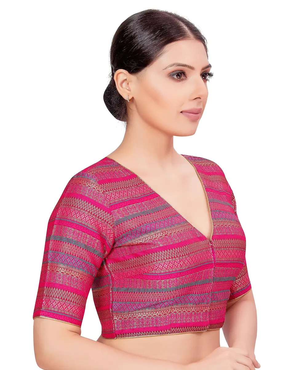 STUDIO Shringaar Women's Half Sleeve Brocade Saree Blouse (34/86cm) Multi | V-Neck, Front Opening, Non-Padded - view 4