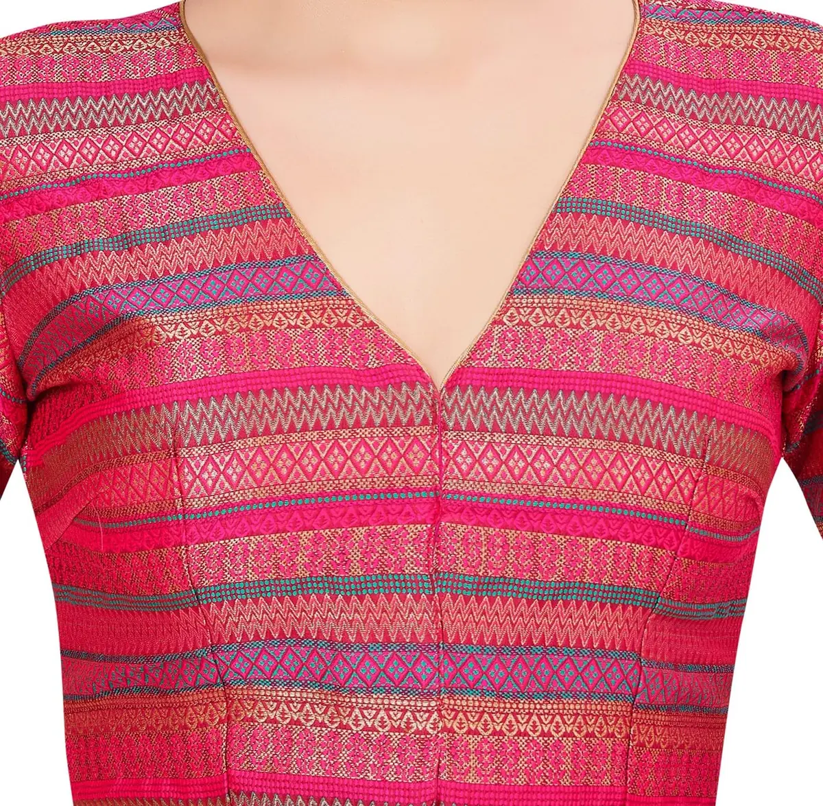 STUDIO Shringaar Women's Half Sleeve Brocade Saree Blouse (34/86cm) Multi | V-Neck, Front Opening, Non-Padded - view 5